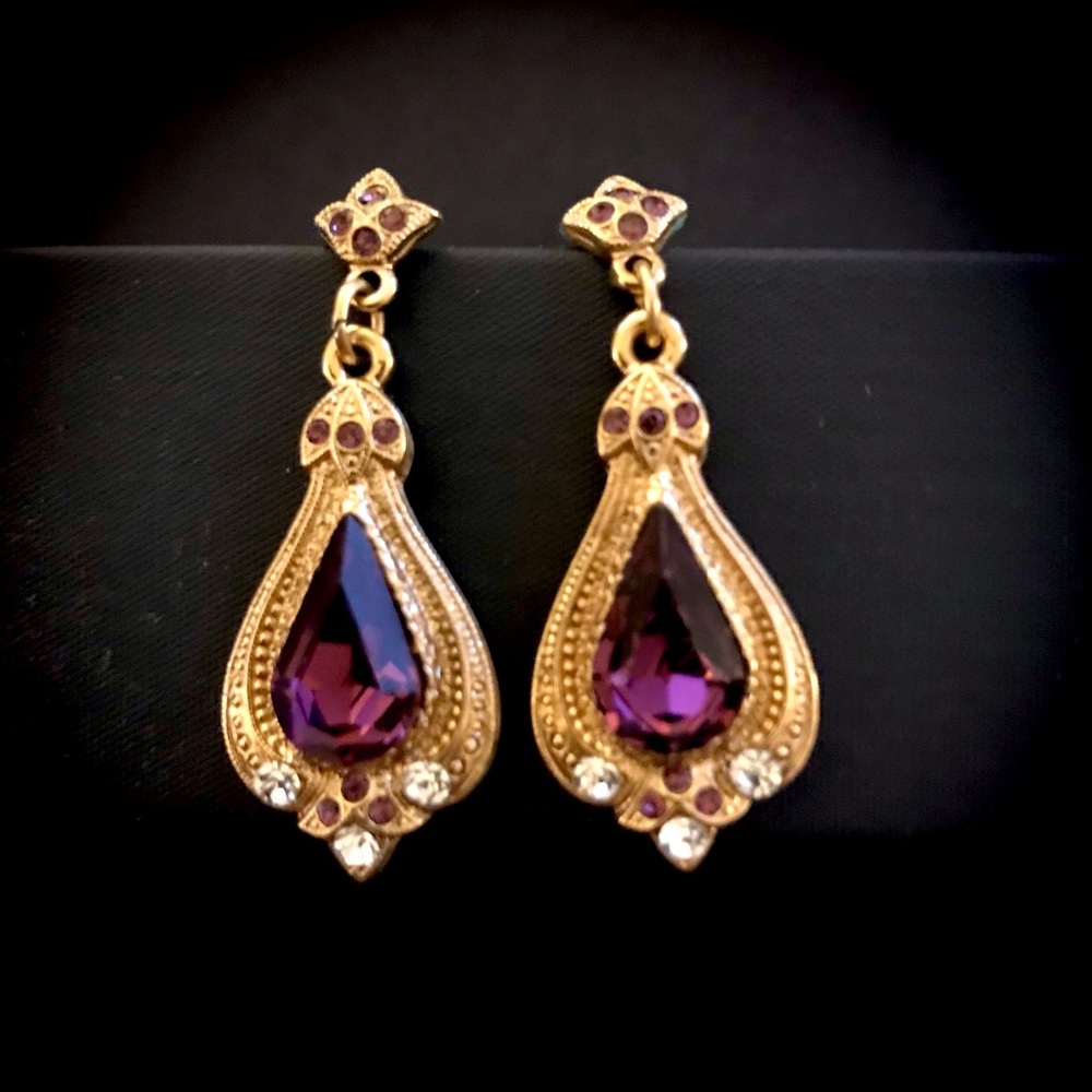 Vintage Teardrop “Amethyst” & Gold-tone Drop Earrings